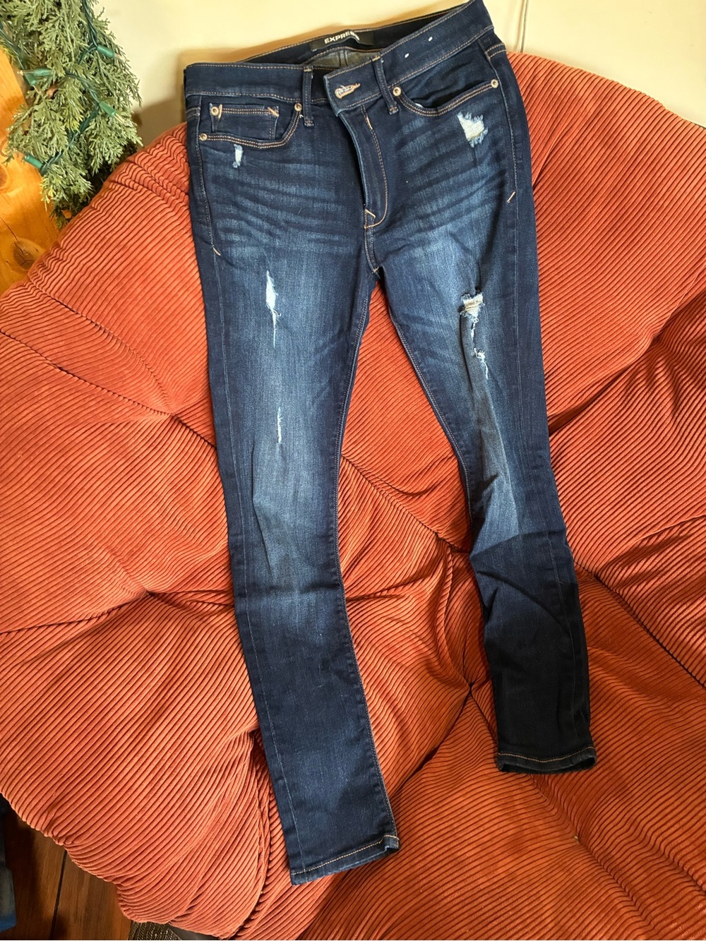 Express Women's Dark Blue Distressed Skinny Jeans